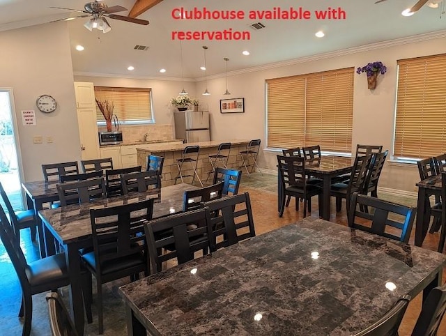 2317 Willard Dr, Mckinney, TX 75072 - dining room with a ceiling fan, ornamental molding, baseboards, plenty of natural light, and recessed lighting