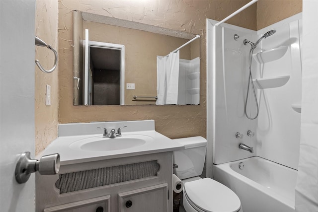 628 Evelyn Ln, Burleson, TX 76028 - bathroom with vanity, a textured wall, toilet, and shower / bathtub combination with curtain