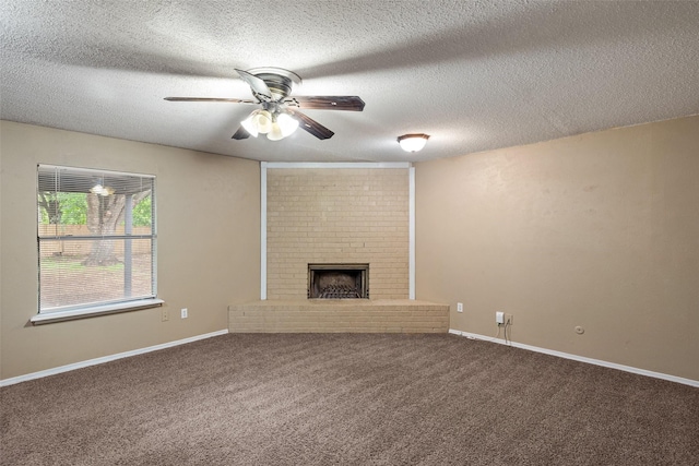628 Evelyn Ln, Burleson, TX 76028 - unfurnished living room with carpet floors, a ceiling fan, a textured ceiling, and a brick fireplace