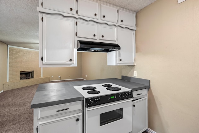 628 Evelyn Ln, Burleson, TX 76028 - kitchen featuring under cabinet range hood, a textured ceiling, white electric range oven, and dark countertops