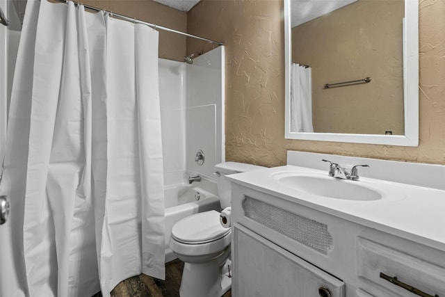 628 Evelyn Ln, Burleson, TX 76028 - full bathroom with a textured wall, shower / bath combo, vanity, toilet, and wood finished floors