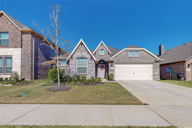 537 Val Verde St, Aubrey, TX 76227 - view of front of house with a front lawn, stone siding, brick siding, concrete driveway, and an attached garage