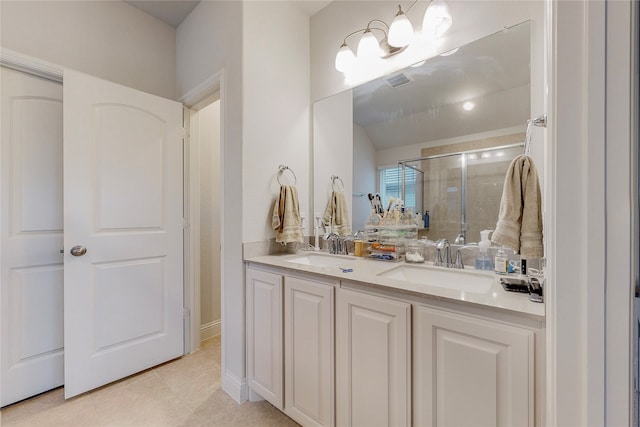 537 Val Verde St, Aubrey, TX 76227 - bathroom featuring tile patterned flooring, a sink, a stall shower, and double vanity