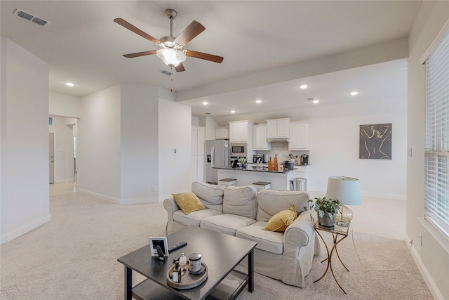 537 Val Verde St, Aubrey, TX 76227 - living area with light carpet, a ceiling fan, baseboards, recessed lighting, and visible vents