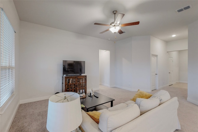 537 Val Verde St, Aubrey, TX 76227 - living area with light colored carpet, ceiling fan, visible vents, and baseboards
