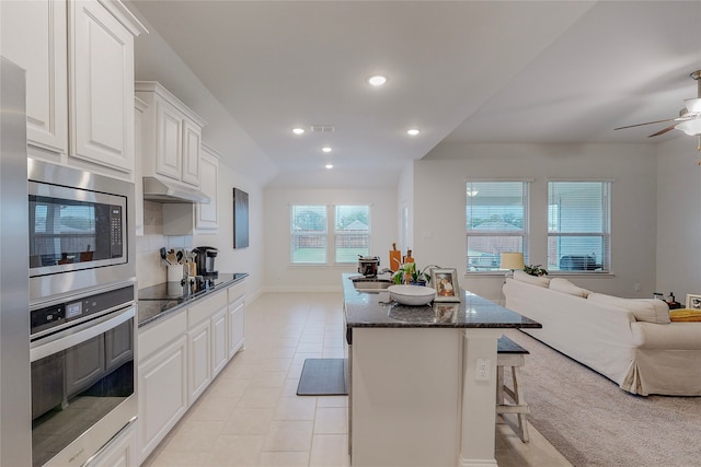 537 Val Verde St, Aubrey, TX 76227 - kitchen featuring stainless steel appliances, open floor plan, recessed lighting, a kitchen bar, and under cabinet range hood
