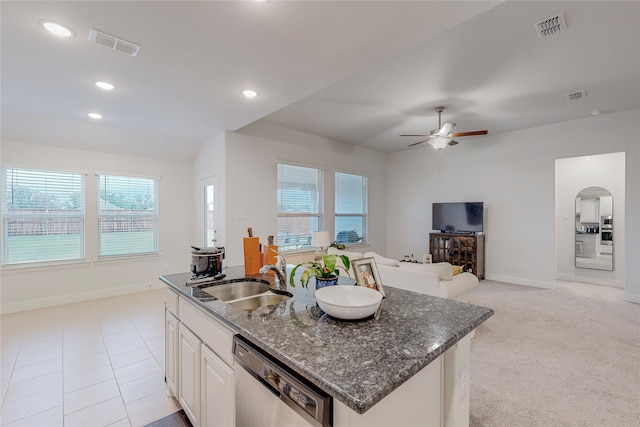 537 Val Verde St, Aubrey, TX 76227 - kitchen featuring stainless steel dishwasher, visible vents, a center island with sink, and a sink