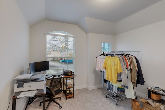 537 Val Verde St, Aubrey, TX 76227 - home office with vaulted ceiling, baseboards, and carpet flooring