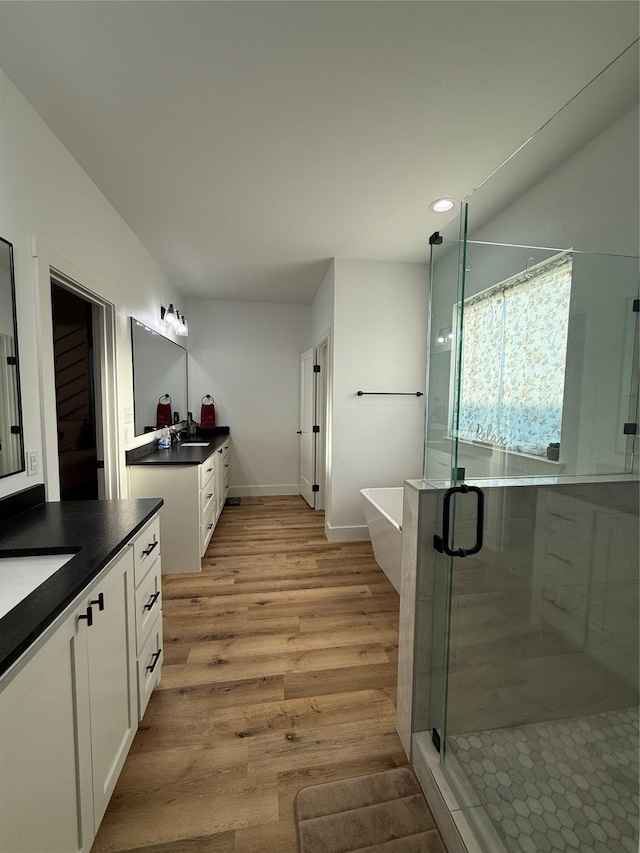 bathroom with a freestanding tub, wood finished floors, two vanities, a sink, and a stall shower