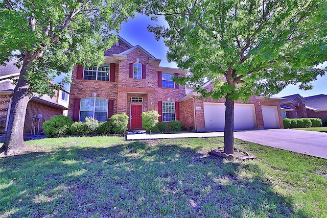 2328 Twilight Star Dr, Little Elm, TX 75068 - traditional home featuring brick siding, driveway, a front lawn, and an attached garage