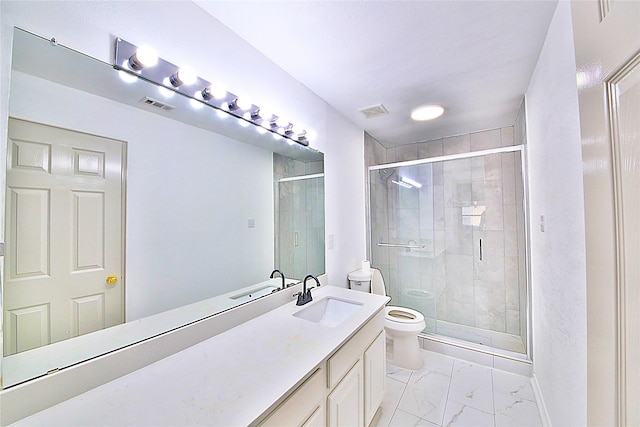 2328 Twilight Star Dr, Little Elm, TX 75068 - bathroom with marble look tiles, toilet, a shower stall, vanity, and baseboards