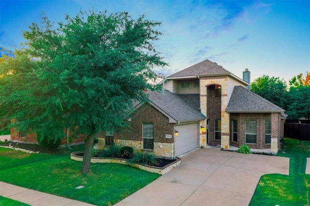 10312 Flat Creek Trl, Mckinney, TX 75072 - view of front facade featuring a garage, a front yard, stone siding, a chimney, and driveway
