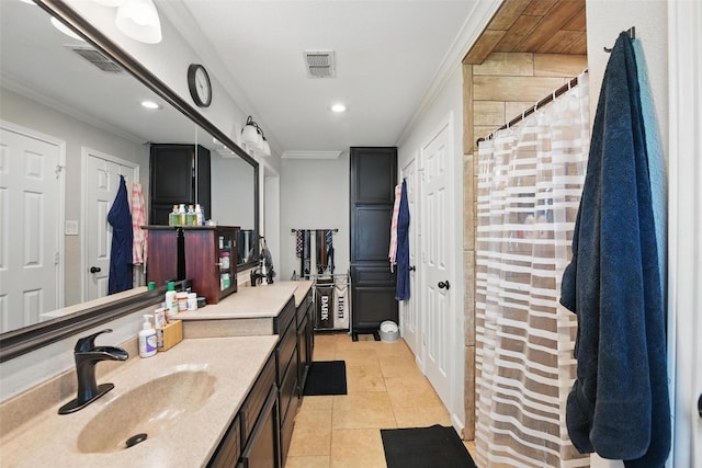 full bath with visible vents, ornamental molding, tile patterned flooring, and vanity