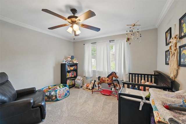interior space with crown molding and ceiling fan