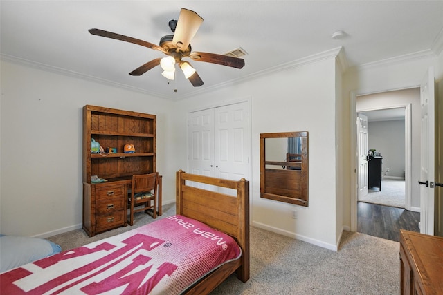 bedroom with ornamental molding, carpet flooring, and visible vents