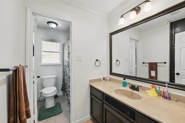 bathroom with vanity, ornamental molding, tile patterned flooring, toilet, and baseboards