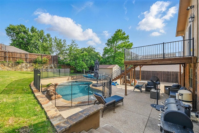 view of pool with stairs, a fenced backyard, a patio area, and a lawn