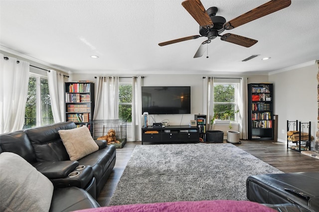 living room featuring ornamental molding, a healthy amount of sunlight, and wood finished floors