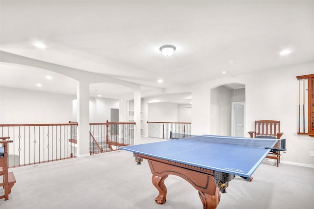 3020 Nyala Trl, Frisco, TX 75034 - rec room with recessed lighting, arched walkways, light carpet, and baseboards
