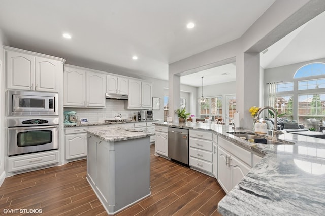 13283 Bodega Trl, Frisco, TX 75035 - kitchen featuring a sink, white cabinetry, light stone countertops, and stainless steel appliances