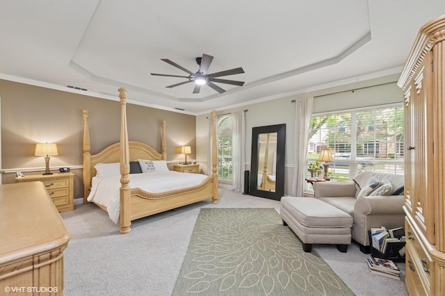 13283 Bodega Trl, Frisco, TX 75035 - bedroom with light carpet, a tray ceiling, and visible vents
