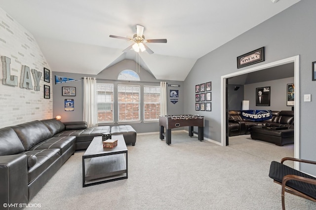 13283 Bodega Trl, Frisco, TX 75035 - carpeted living room featuring ceiling fan, baseboards, and lofted ceiling