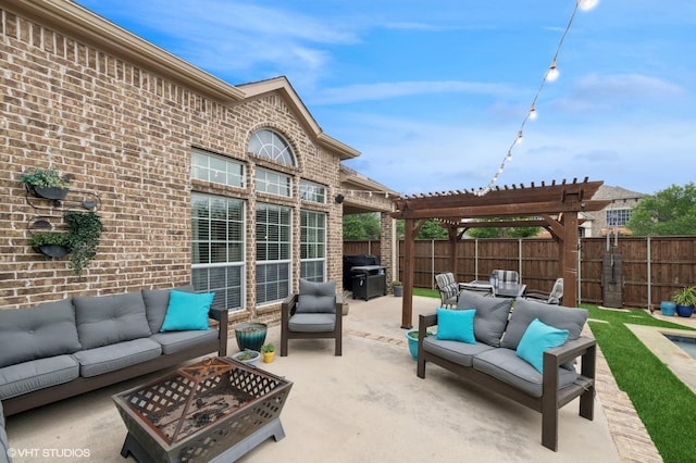 13283 Bodega Trl, Frisco, TX 75035 - view of patio featuring a fenced backyard, an outdoor living space with a fire pit, a pergola, and outdoor dining area