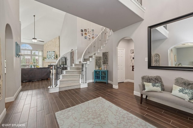 13283 Bodega Trl, Frisco, TX 75035 - entryway with a ceiling fan, high vaulted ceiling, baseboards, and wood tiled floor
