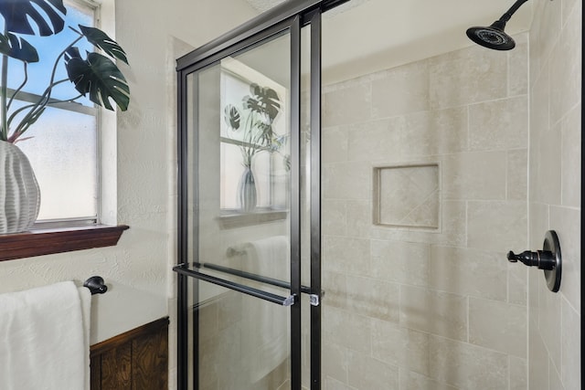 bathroom featuring a shower stall and plenty of natural light