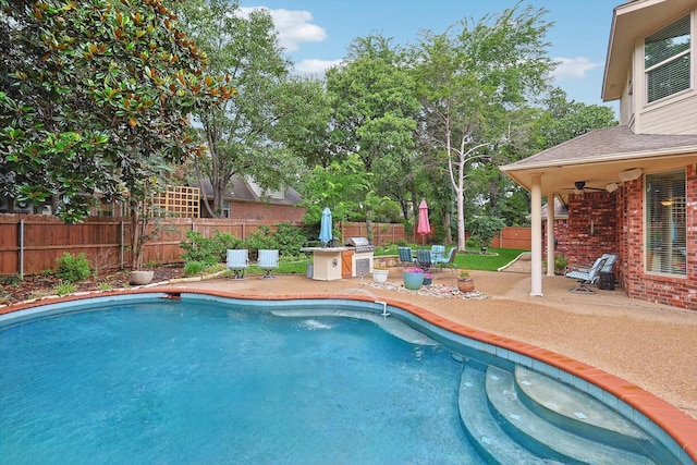 view of pool featuring a patio area, a fenced backyard, and area for grilling