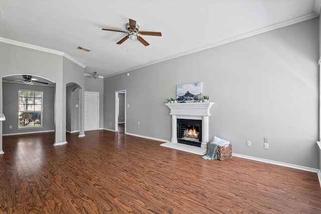 817 Countryside Dr, Aubrey, TX 76227 - unfurnished living room featuring a ceiling fan, a glass covered fireplace, ornamental molding, wood finished floors, and baseboards