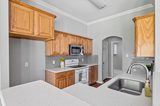 817 Countryside Dr, Aubrey, TX 76227 - kitchen with white electric range, stainless steel microwave, a sink, ornamental molding, and arched walkways