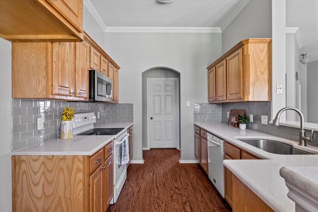 817 Countryside Dr, Aubrey, TX 76227 - kitchen with white appliances, a sink, crown molding, dark wood-type flooring, and tasteful backsplash