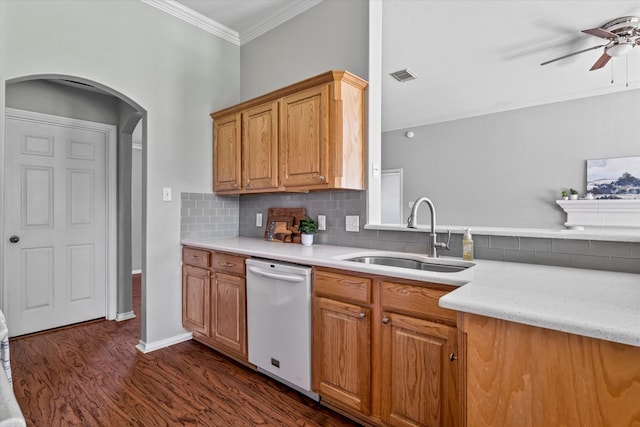 817 Countryside Dr, Aubrey, TX 76227 - kitchen featuring white dishwasher, a sink, arched walkways, ornamental molding, and ceiling fan