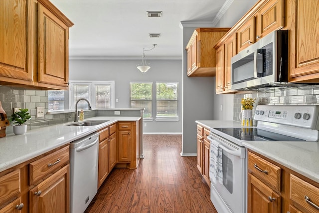 817 Countryside Dr, Aubrey, TX 76227 - kitchen with white electric range, stainless steel microwave, dishwashing machine, crown molding, and a sink