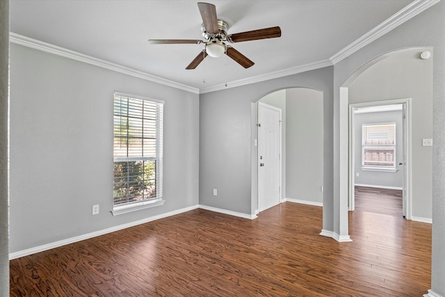 817 Countryside Dr, Aubrey, TX 76227 - unfurnished room featuring plenty of natural light, ceiling fan, crown molding, arched walkways, and wood finished floors