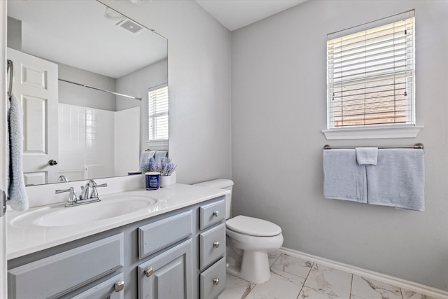 817 Countryside Dr, Aubrey, TX 76227 - bathroom featuring toilet, marble look tile flooring, vanity, a shower, and baseboards