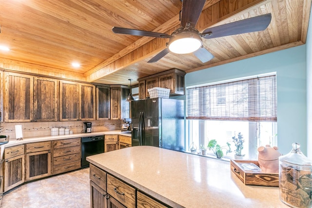 kitchen featuring brown cabinets, light countertops, a ceiling fan, wood ceiling, and black appliances