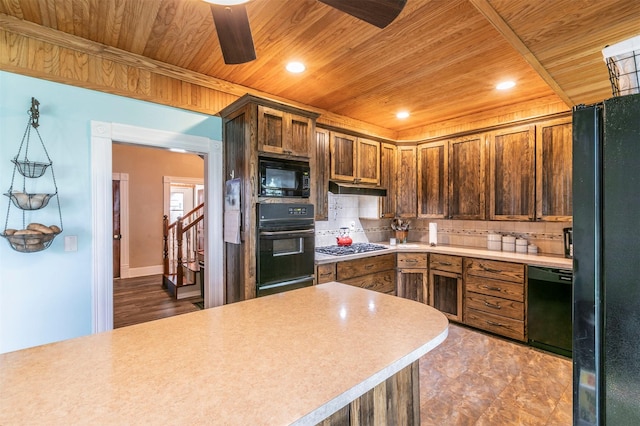kitchen with wood ceiling, a ceiling fan, tasteful backsplash, light countertops, and black appliances