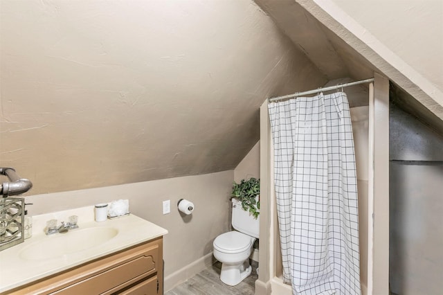 full bathroom with toilet, a shower with curtain, vaulted ceiling, and wood finished floors