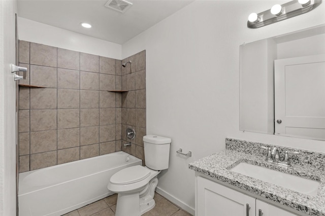 full bathroom featuring visible vents, vanity, toilet, shower / bathing tub combination, and tile patterned floors