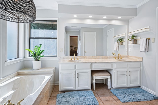 full bath featuring ornamental molding, plenty of natural light, double vanity, a bath, and tile patterned floors
