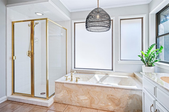 full bathroom featuring a stall shower, plenty of natural light, vanity, and crown molding