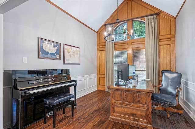 office area featuring a decorative wall, dark wood-style floors, a chandelier, wainscoting, and lofted ceiling