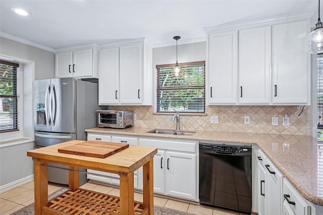 kitchen with black dishwasher, stainless steel refrigerator with ice dispenser, a sink, white cabinets, and crown molding