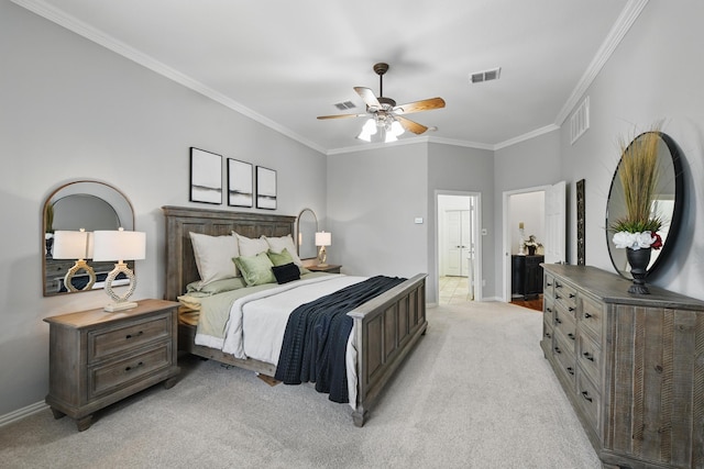 bedroom with ornamental molding, light carpet, and visible vents