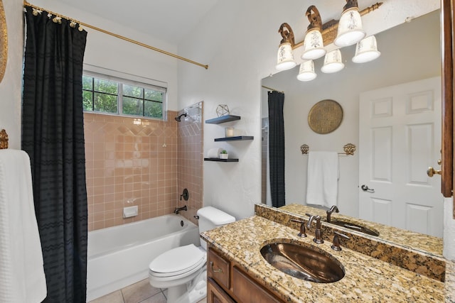 full bath with vanity, tile patterned floors, toilet, and shower / tub combo with curtain