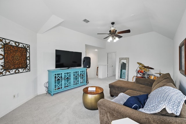 carpeted living area with visible vents, ceiling fan, and lofted ceiling