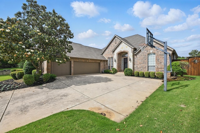 french country style house featuring driveway, brick siding, a front lawn, an attached garage, and stone siding