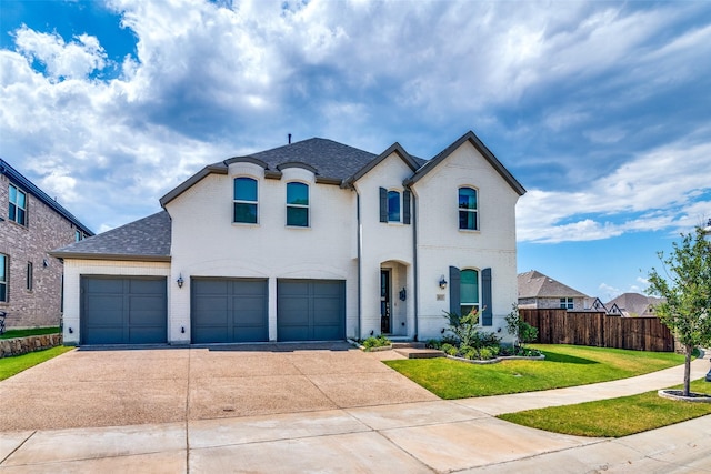 french country inspired facade featuring brick siding, a front lawn, fence, and driveway